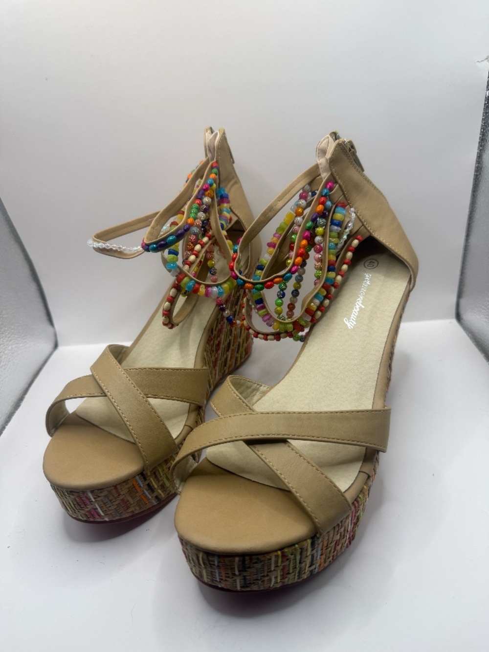 Colorful Beaded Wedge Sandals Size 40 Boho Platform Heels Festival Vacation Shoe